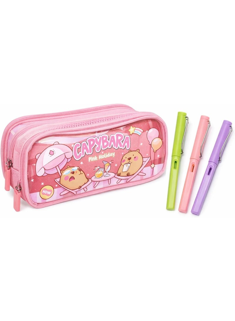 Large transparent fabric pencil case + 3 Forever pencils - Aesthetically pleasing organizer with 3 compartments and a durable zipper, the perfect stationery set for school and office - Image 1